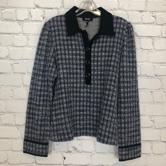 ME+EM Navy Tweed Pouf Sleeve Top Size 8 - Picture 1 of 7